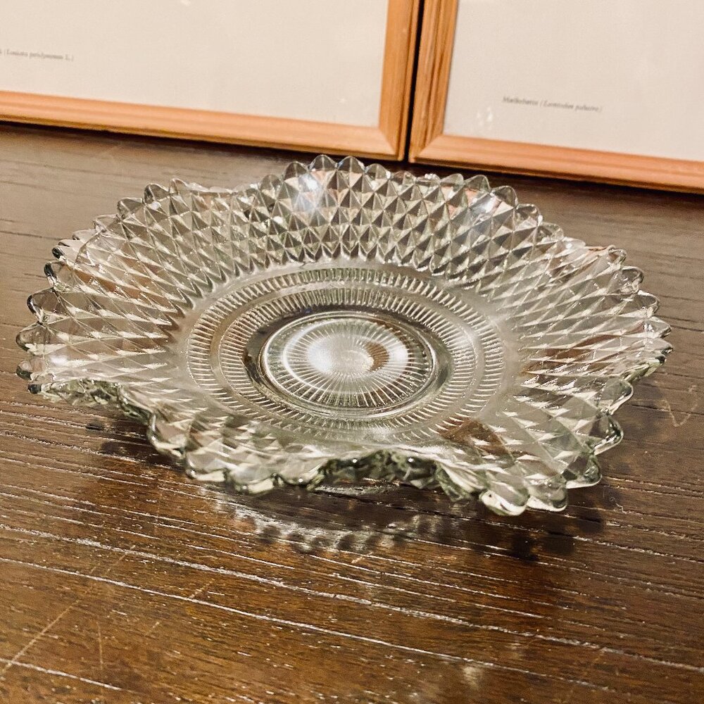 Vintage Indiana Glass Smoke Diamond Point Wavy Design Candy Dish MCM 7"
